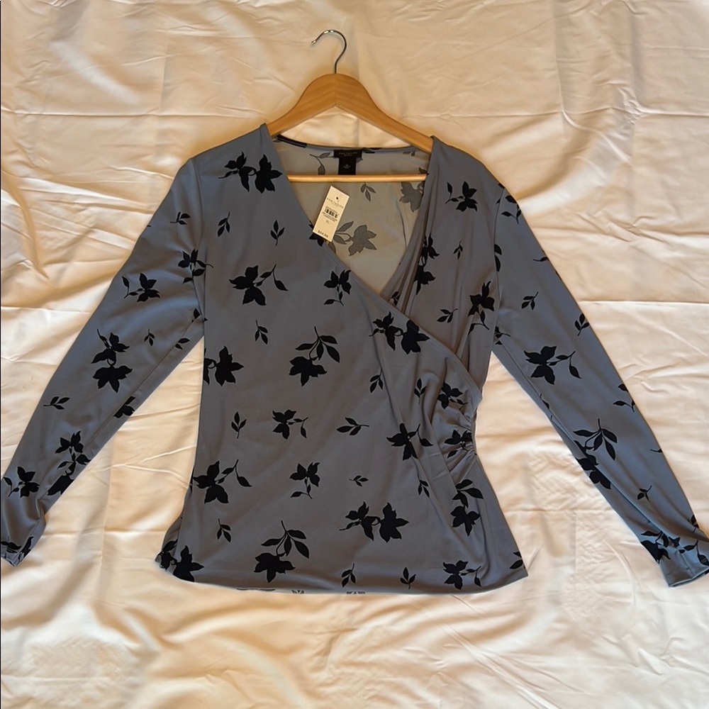 Ann Taylor Factory Blue Faux Wrap Blouse with Black Accents
